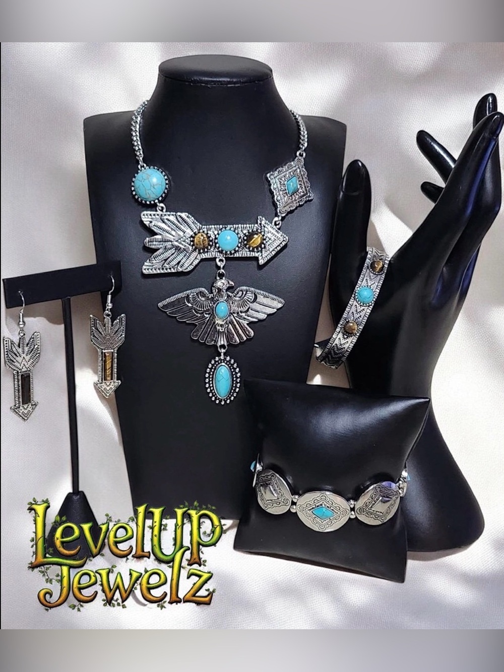 Turquoise Silver Arrow & Thunderbird Necklace Set